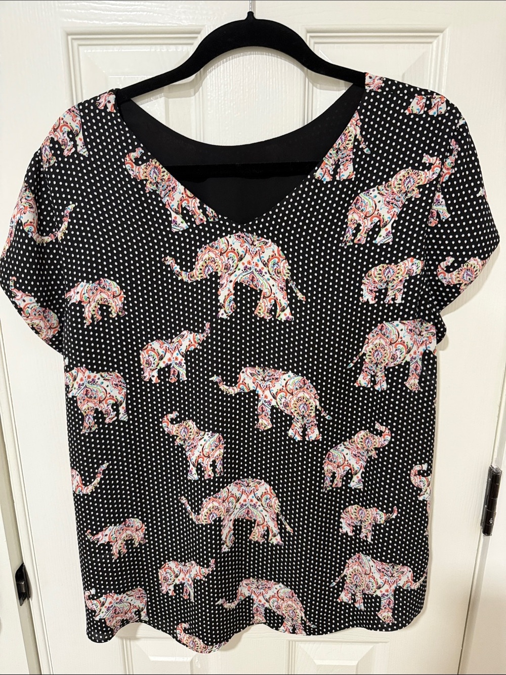 Black Polka Dot Top with Paisley Elephant Print